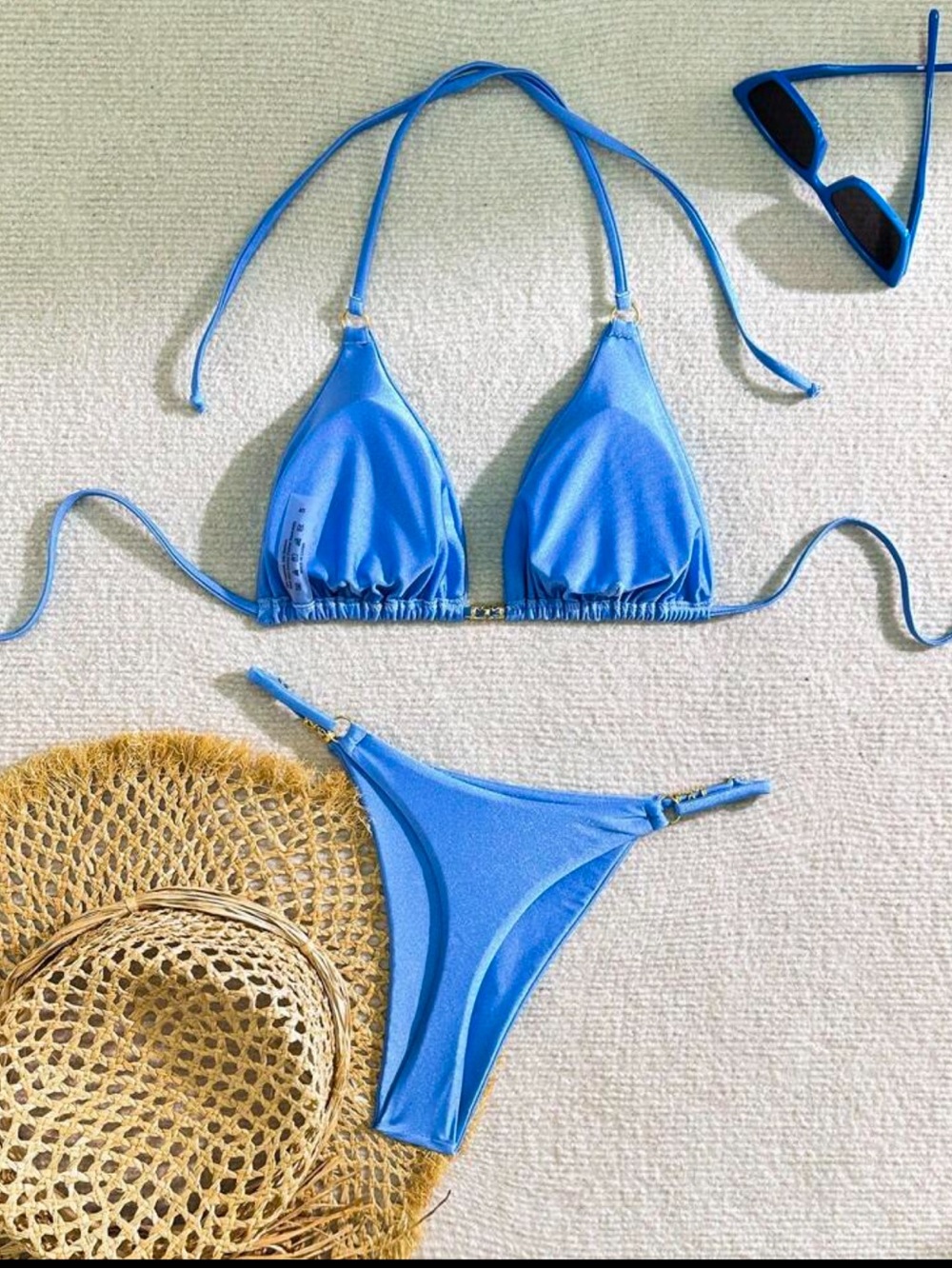 Triangle Bikini Set with Thong Bottoms in Sky Blue with Gold hardware NWOT - Picture 2 of 4